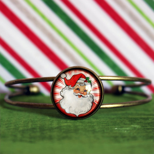 Retro Santa on Red Background Cuff Bracelet / Bangle in Antique Brass