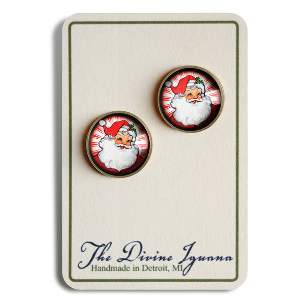 Retro Santa Vintage Inspired Stud Earrings - with red background