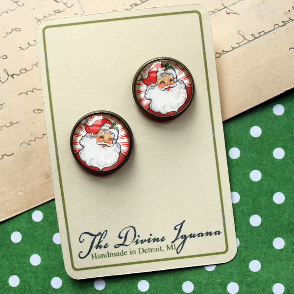 Retro Santa Vintage Inspired Stud Earrings - with red background