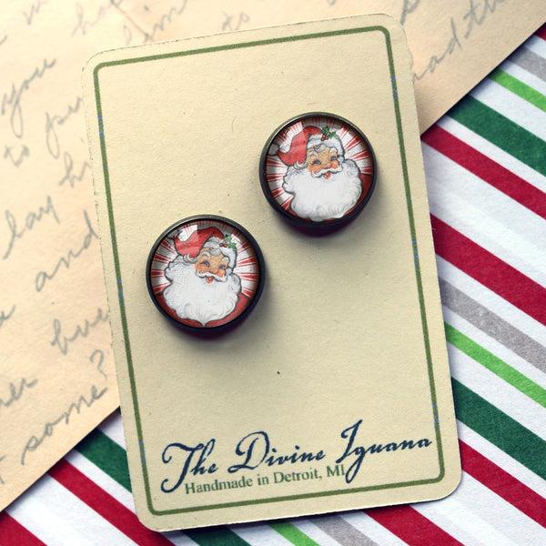 Retro Santa Vintage Inspired Stud Earrings - with red background