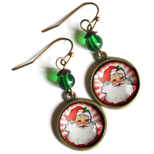 Retro Santa - Red with Green Bead - Vintage Inspired Drop / Dangle Earrings