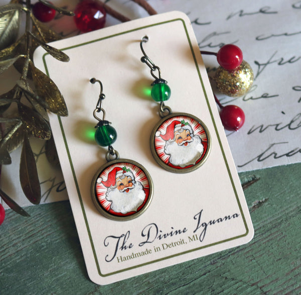 Retro Santa - Red with Green Bead - Vintage Inspired Drop / Dangle Earrings