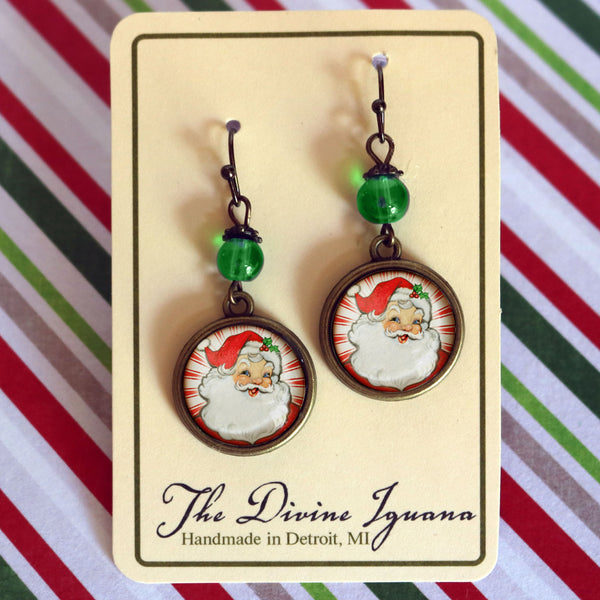 Retro Santa - Red with Green Bead - Vintage Inspired Drop / Dangle Earrings