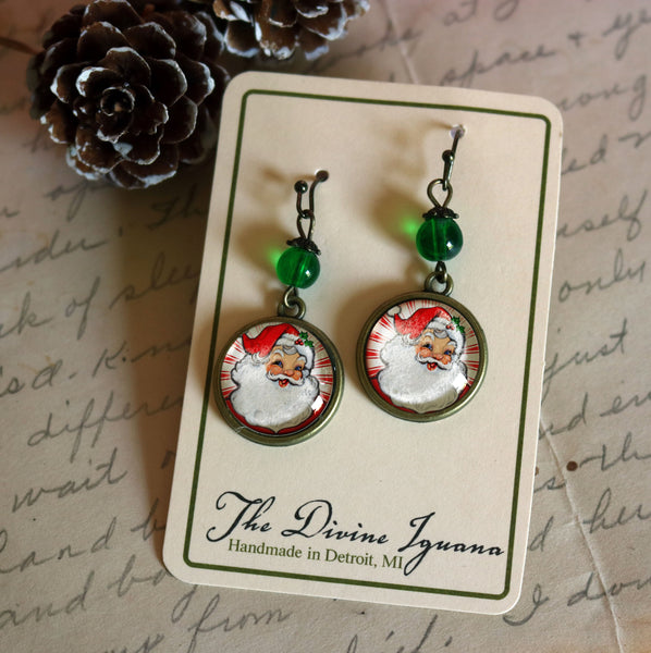 Retro Santa - Red with Green Bead - Vintage Inspired Drop / Dangle Earrings