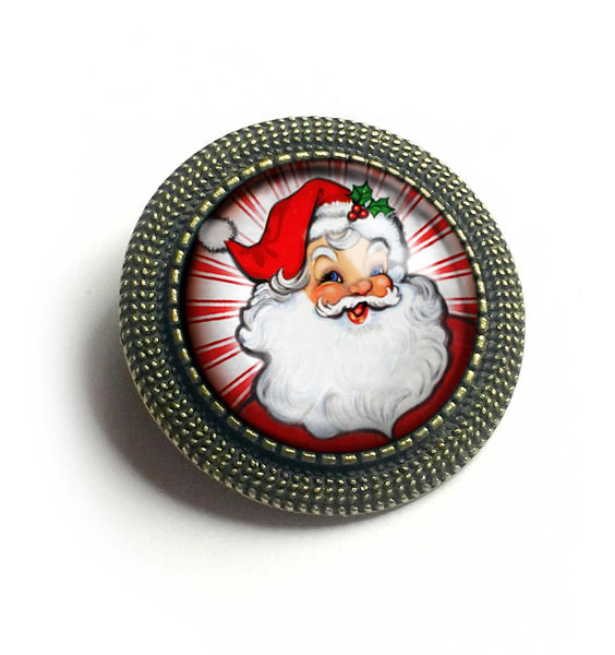 Retro Santa Claus Vintage Inspired Pin Brooch - with red background