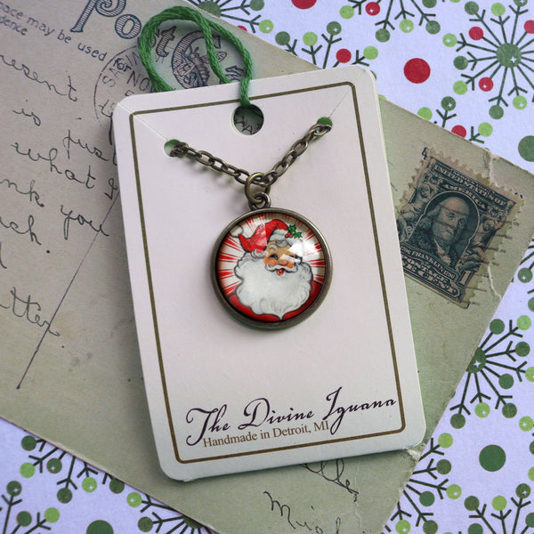 Retro Santa Christmas Pendant Necklace with Red Background