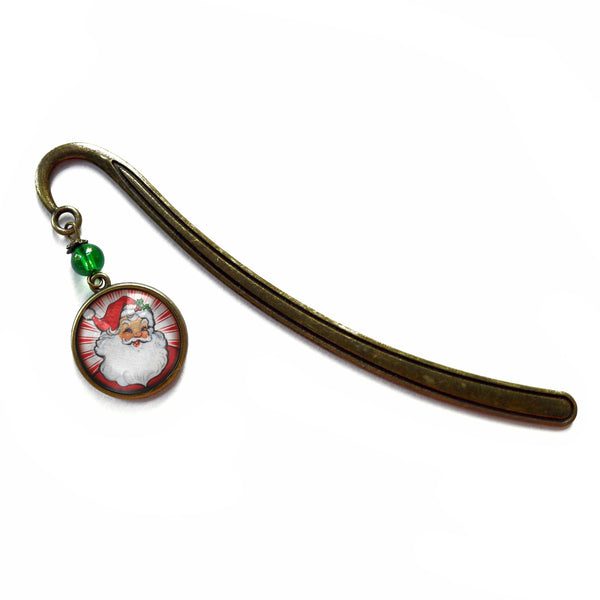 Retro Santa Glass Cabochon Brass Book Hook / Bookmark - with Red Background and Green Accent Bead