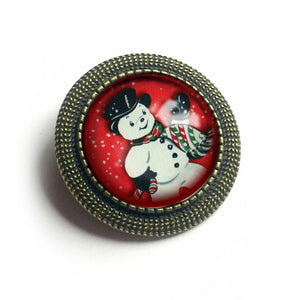 Vintage Snowman on Red Christmas and Winter Holiday Pin Back Brooch