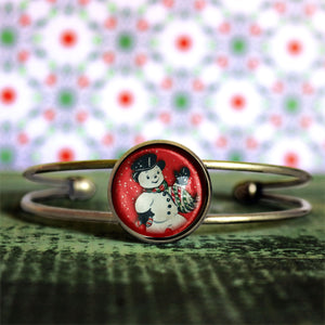 Vintage Snowman on Red Cuff Bracelet / Bangle in Antique Brass