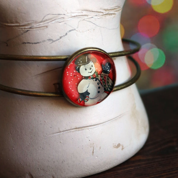 Vintage Snowman on Red Cuff Bracelet / Bangle in Antique Brass