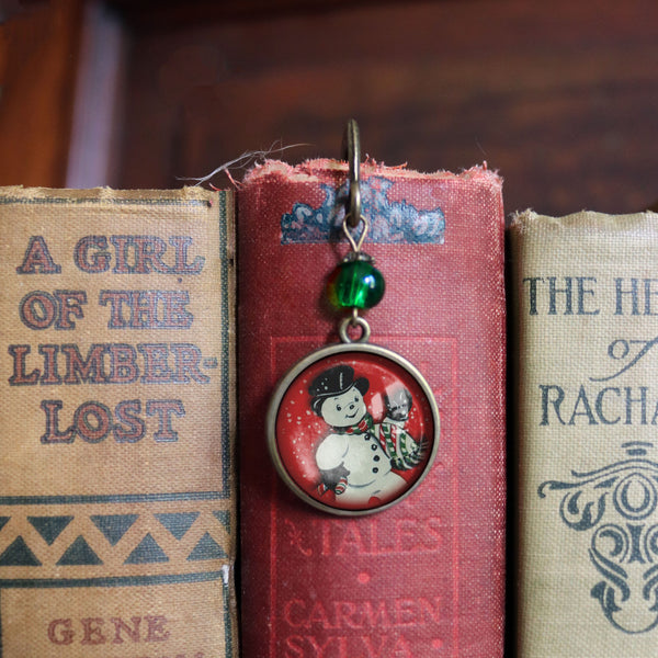 Vintage Snowman on Red Glass Cabochon Brass Book Hook / Bookmark