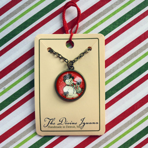 Vintage Snowman on Red Christmas and Winter Holiday Pendant Necklace in Simple Bronze Bezel