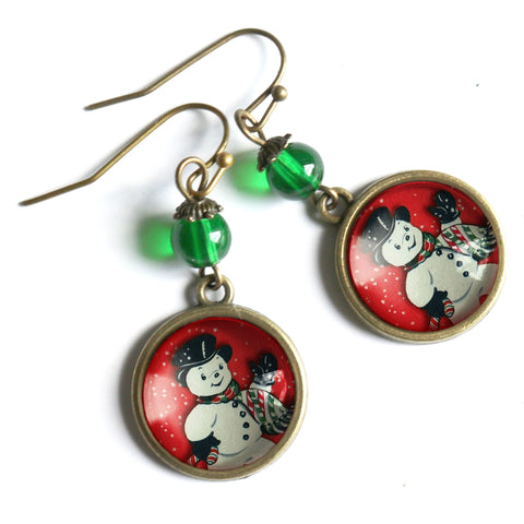 Vintage Snowman on Red Background Drop / Dangle Earrings