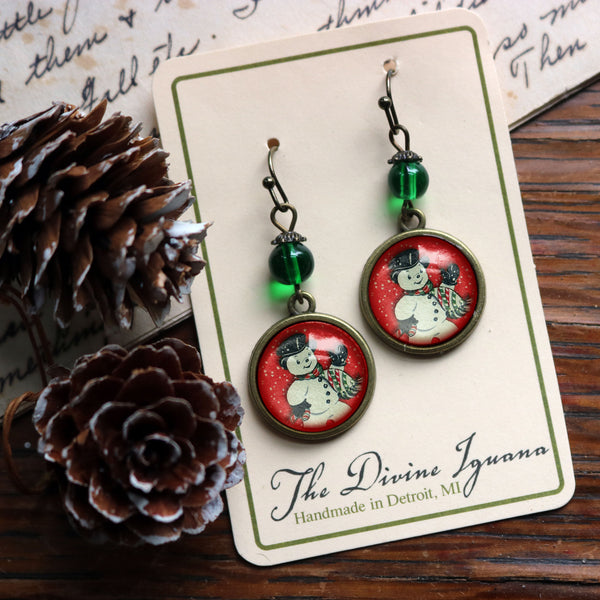 Vintage Snowman on Red Background Drop / Dangle Earrings