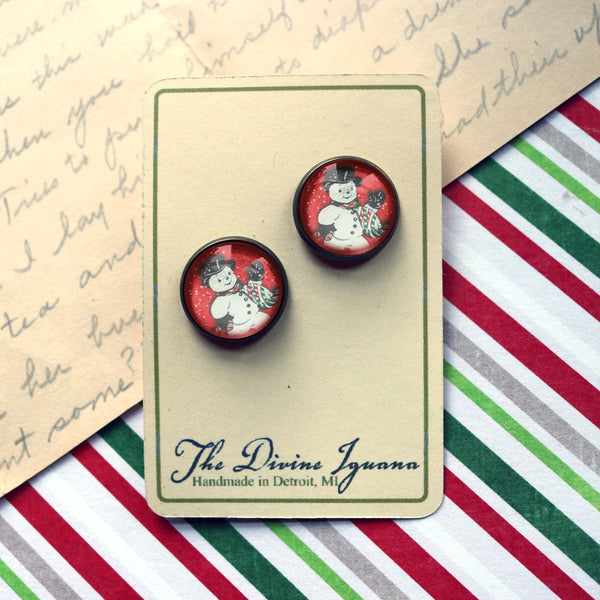 Vintage Snowman On Red Background Christmas and Winter Holidays Stud Earrings