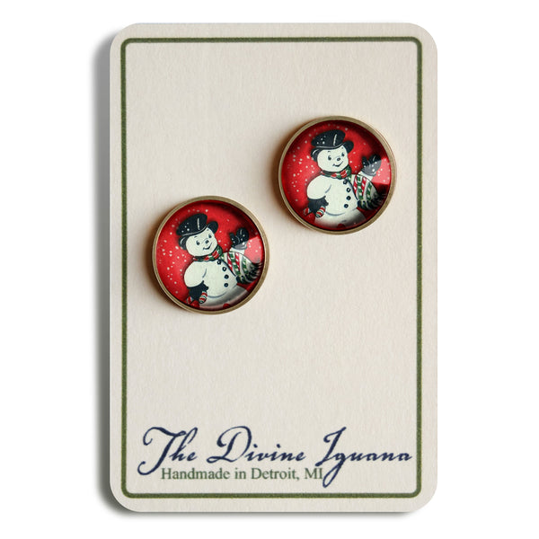 Vintage Snowman On Red Background Christmas and Winter Holidays Stud Earrings