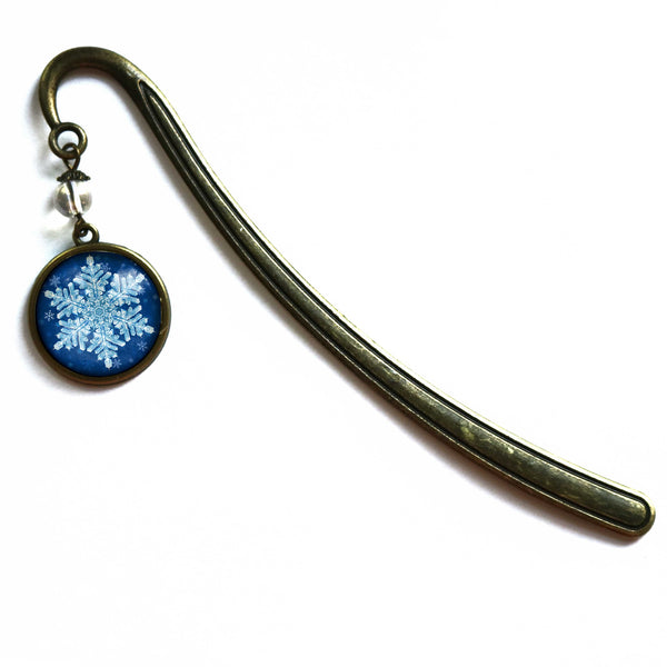 Winter Snowflake Glass Cabochon Brass Book Hook / Bookmark