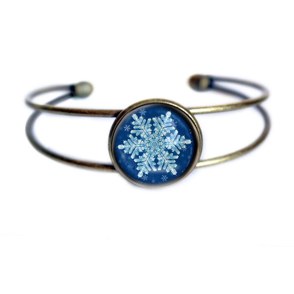 Winter Snowflake Cuff Bracelet / Bangle in Antique Brass