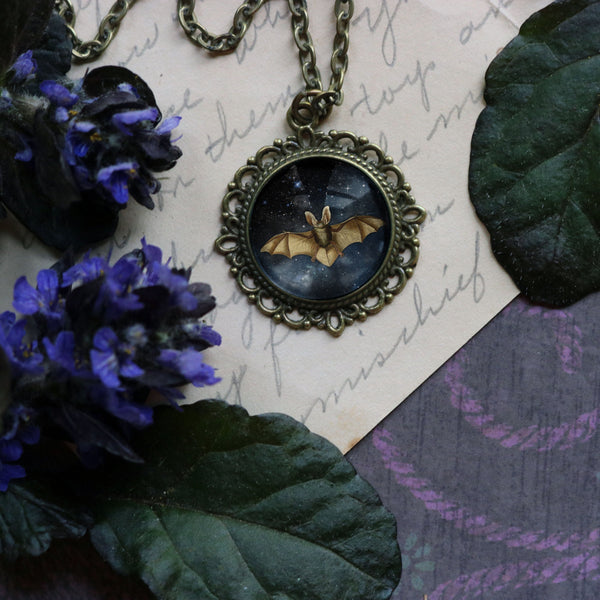 Starry Bat Goth or Halloween Large Pendant Necklace in Ornate Frame