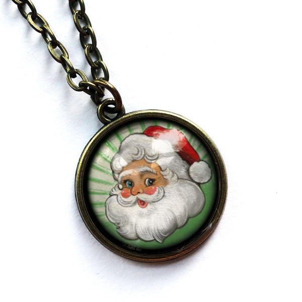 Retro Santa Christmas Reversible Pendant Necklace with Green Background