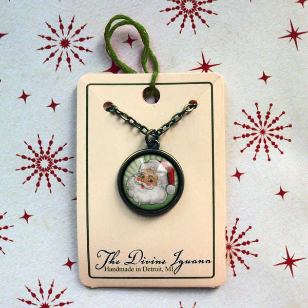 Retro Santa Christmas Reversible Pendant Necklace with Green Background