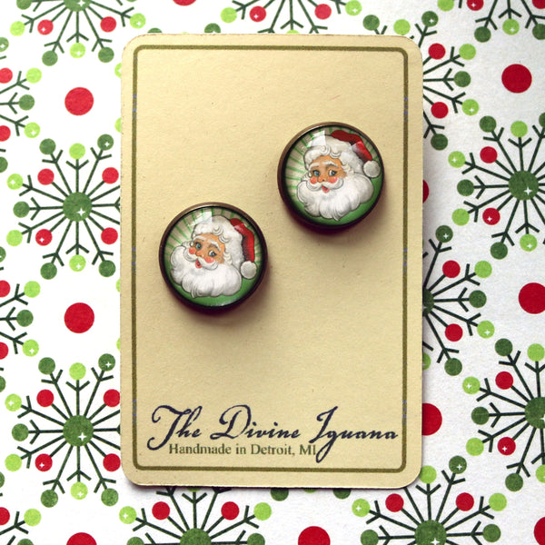 Retro Santa Vintage Inspired Stud Earrings - with green background