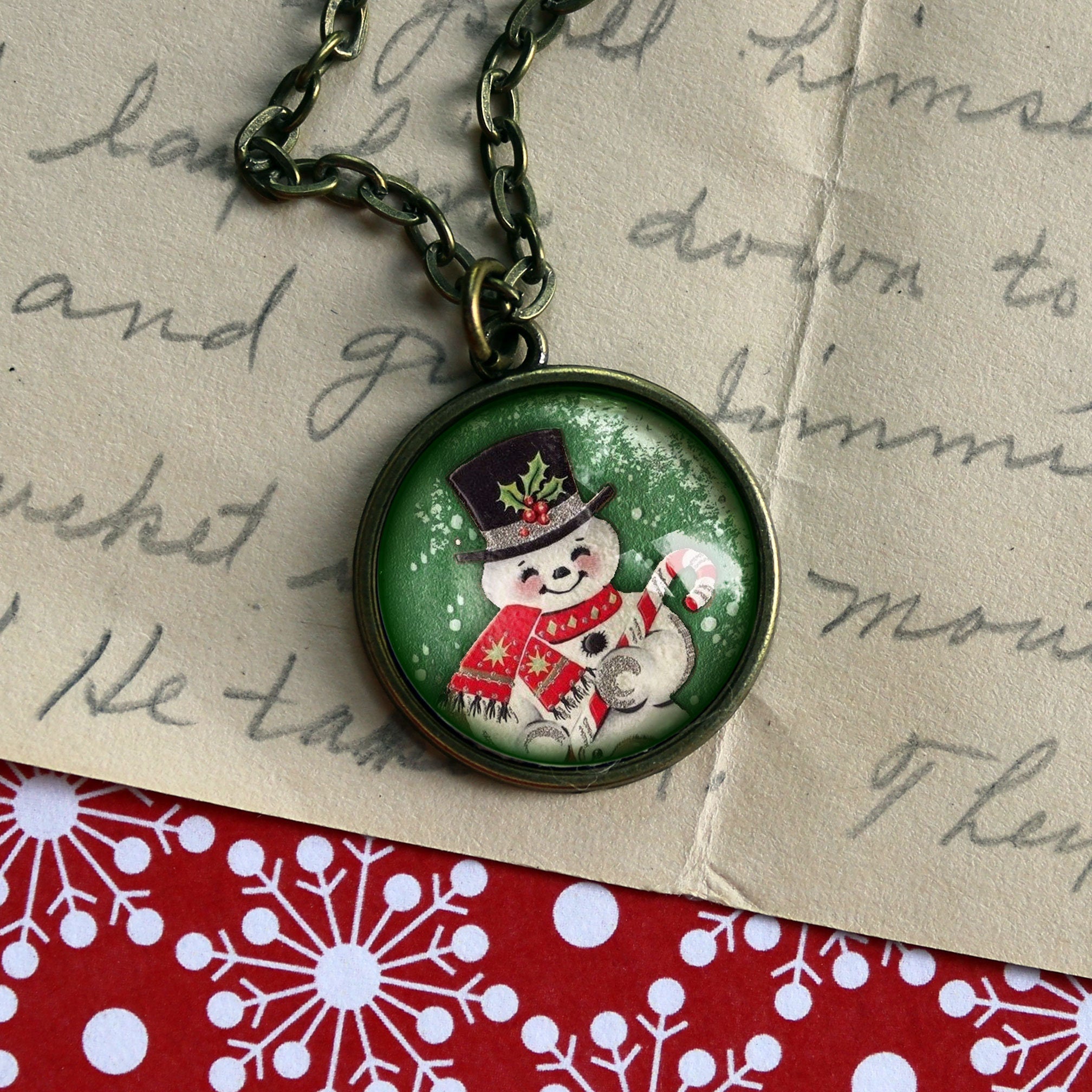 Retro Snowman Christmas Large Pendant Necklace in Simple Bronze Bezel