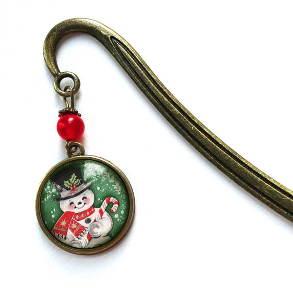 Retro Snowman Glass Cabochon Brass Book Hook / Bookmark