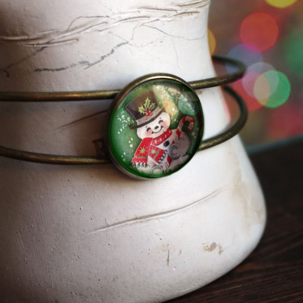 Retro Snowman Cuff Bracelet / Bangle in Antique Brass