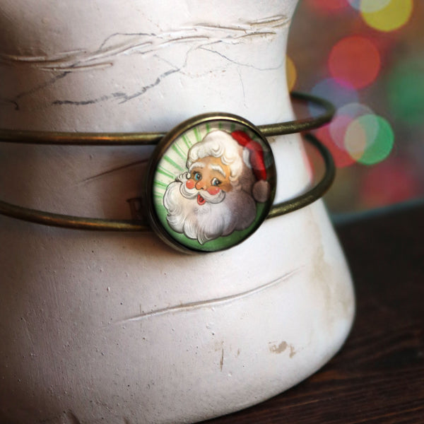 Retro Santa on Green Background Cuff Bracelet / Bangle in Antique Brass