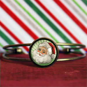 Retro Santa on Green Background Cuff Bracelet / Bangle in Antique Brass