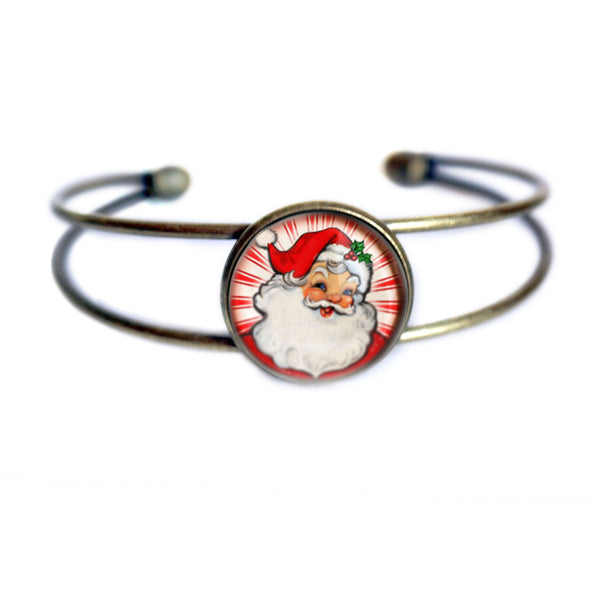 Retro Santa on Red Background Cuff Bracelet / Bangle in Antique Brass