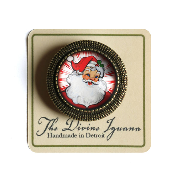 Retro Santa Claus Vintage Inspired Pin Brooch - with red background