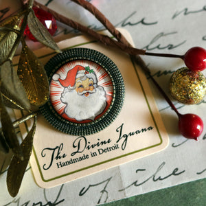 Retro Santa Claus Vintage Inspired Pin Brooch - with red background