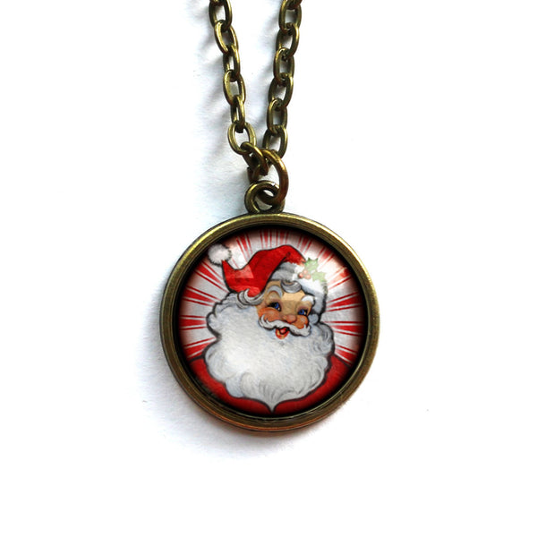 Retro Santa Christmas Pendant Necklace with Red Background