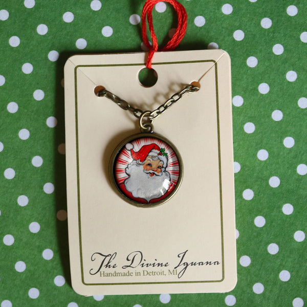 Retro Santa Christmas Pendant Necklace with Red Background