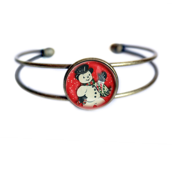 Vintage Snowman on Red Cuff Bracelet / Bangle in Antique Brass