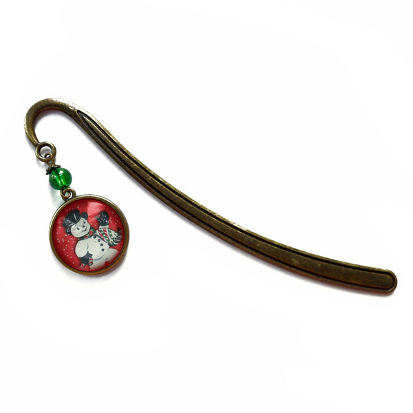 Vintage Snowman on Red Glass Cabochon Brass Book Hook / Bookmark