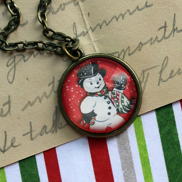 Vintage Snowman on Red Christmas and Winter Holiday Pendant Necklace in Simple Bronze Bezel