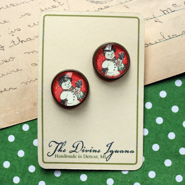 Vintage Snowman On Red Background Christmas and Winter Holidays Stud Earrings