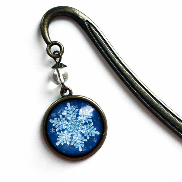 Winter Snowflake Glass Cabochon Brass Book Hook / Bookmark