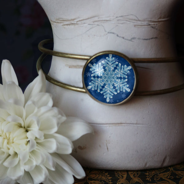 Winter Snowflake Cuff Bracelet / Bangle in Antique Brass