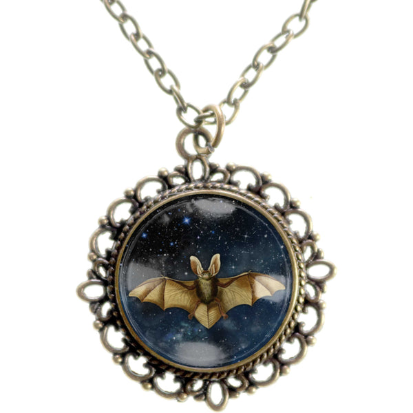 Starry Bat Goth or Halloween Large Pendant Necklace in Ornate Frame