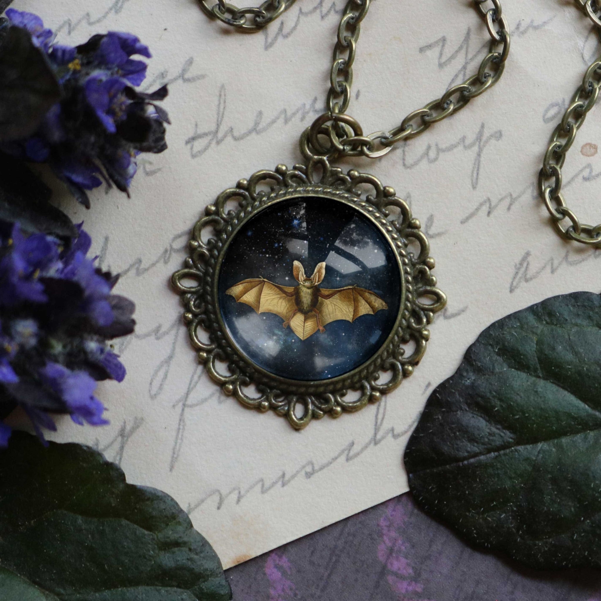 Starry Bat Goth or Halloween Large Pendant Necklace in Ornate Frame