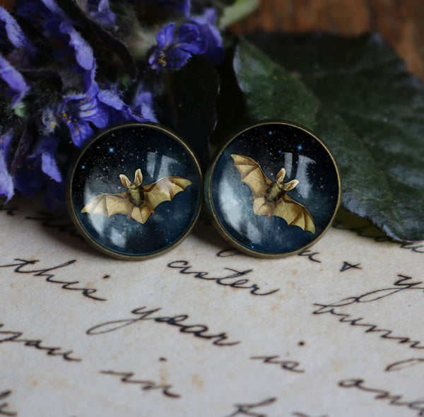 Starry Bat Goth or Halloween Glass Cabochon Stud Earrings