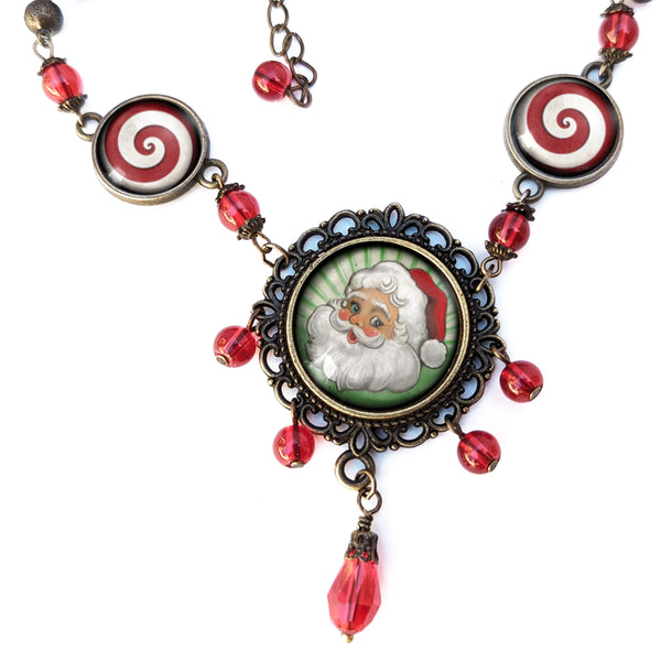 Retro Santa Claus Ornate Christmas Holiday Necklace with Brass Filigree and Red Beaded Accents