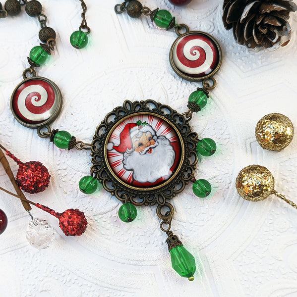 Retro Santa Claus Ornate Christmas Holiday Necklace with Brass Filigree and Green Beaded Accents