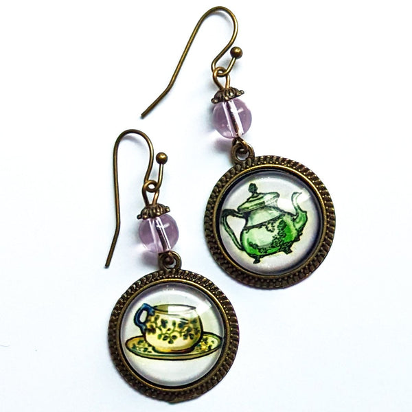 Mismatched Sweet Tea Green and Pink Teapot and Teacup Vintage Inspired Drop / Dangle Earrings