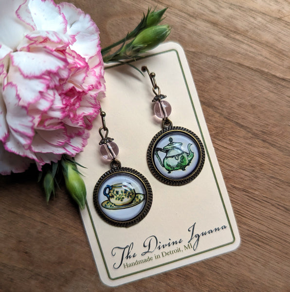 Mismatched Sweet Tea Green and Pink Teapot and Teacup Vintage Inspired Drop / Dangle Earrings