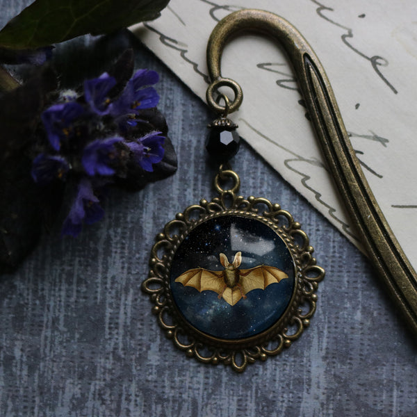 Starry Bat Goth or Halloween Glass Cabochon Brass Book Hook / Bookmark